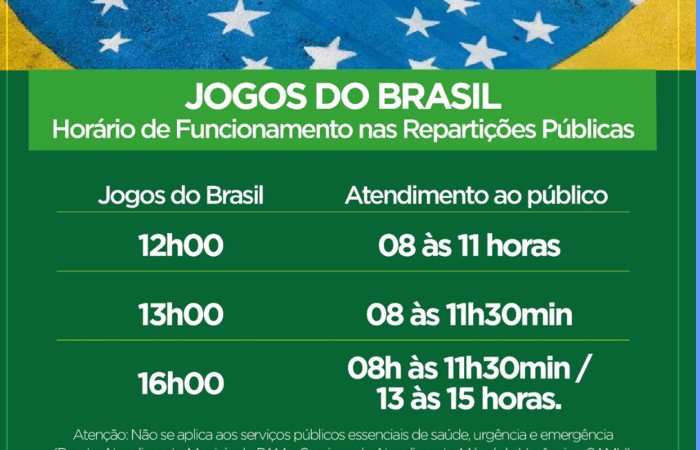 Horário de Atendimento durante os Jogos do Brasil, o jogo da copa do mundo  vai ser que horas 