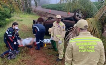 Dois ficam feridos após carro capotar entre Pirapó e Caixa de São Pedro