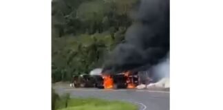 Caminhão tomba e pega fogo, causando bloqueio total da BR-376 em Ortigueira